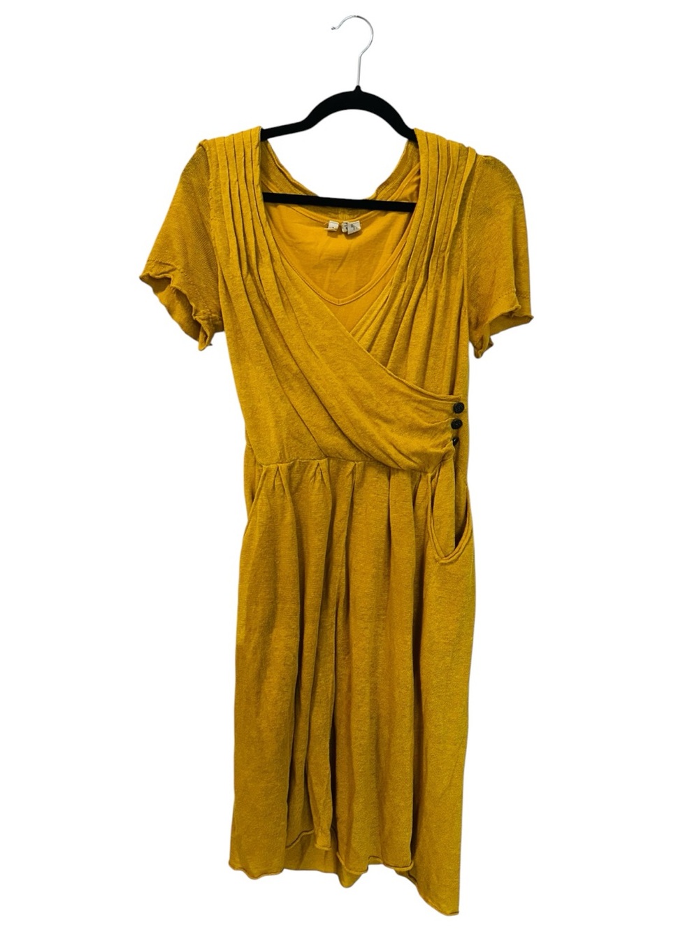 MOTH for Anthropologie Linen Blend Faux Button Wrap Sweater Dress Mustard SZ M